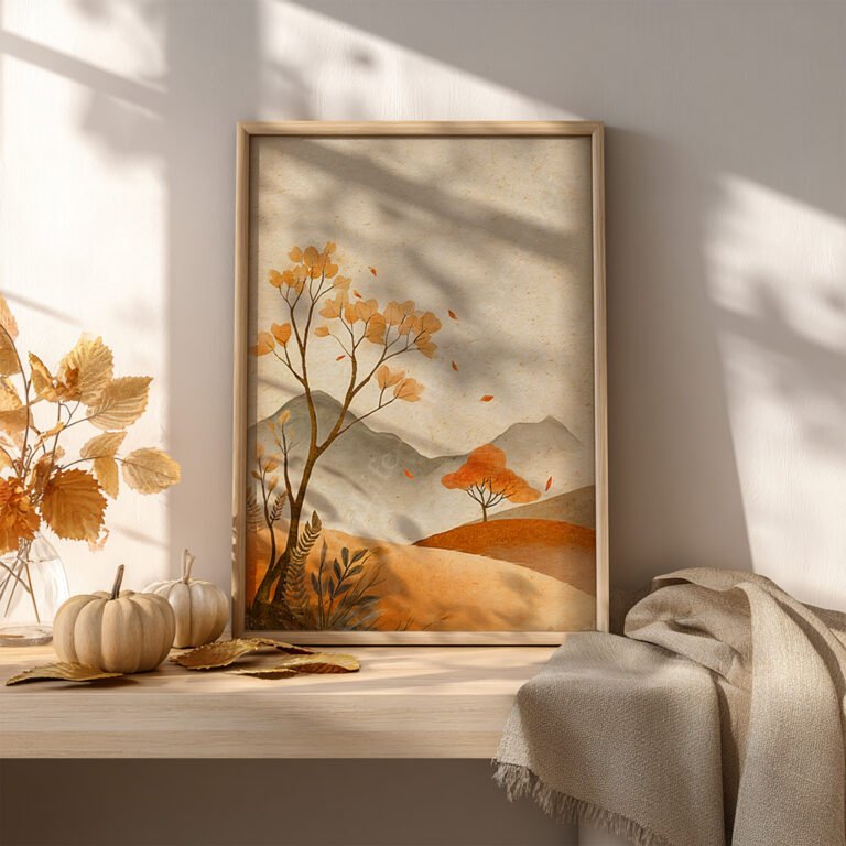 A framed free Japandi autumn print of orange trees and mountains rests on a wooden table, surrounded by pumpkins and autumn leaves.