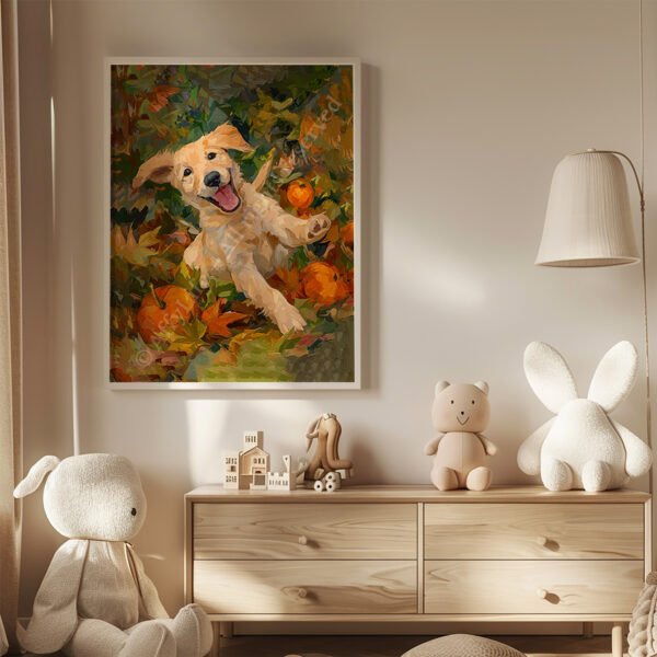 llustrated Autumn Puppy Wall Art poster with cozy leaves and bold vintage text, capturing the warmth of fall.