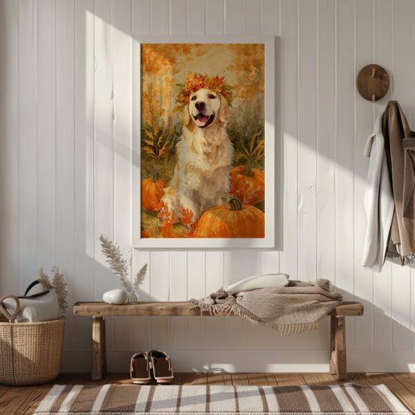 Golden Retriever Fall Watercolor Art in a sunlit hallway, featuring a retriever with a crown of leaves and pumpkins, framed in warm seasonal tones.