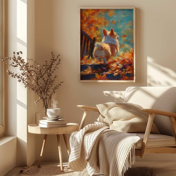 Autumn Corgi Pastel Art framed on a wall above a chair and table with a steaming cup, featuring a corgi among warm autumn leaves.