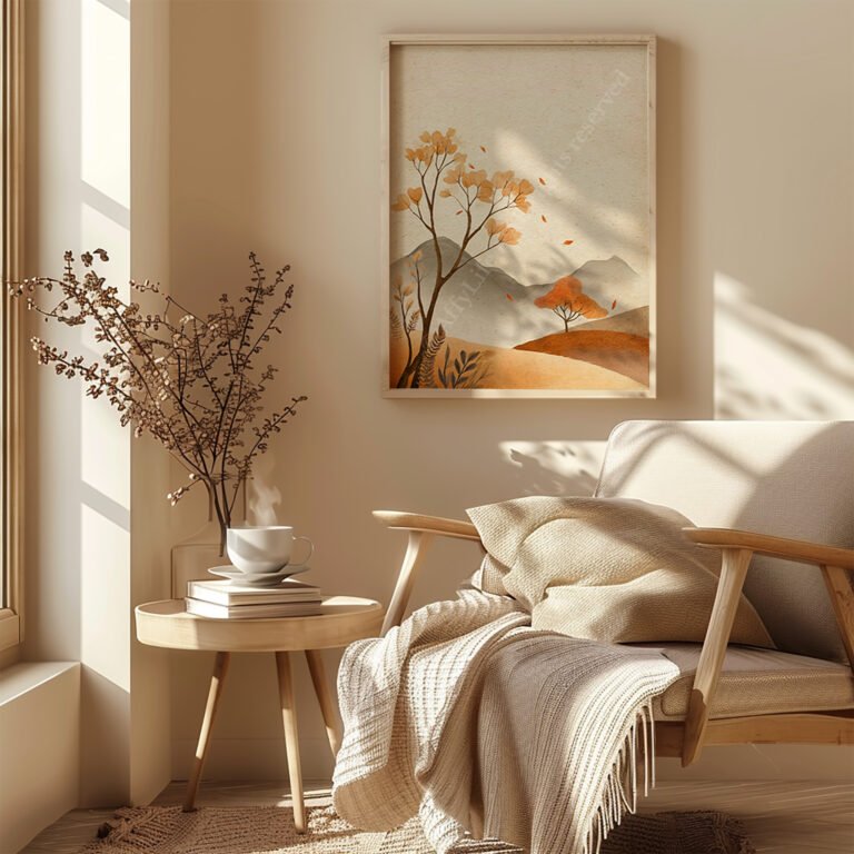Cozy nook with beige armchair, knitted blanket, steaming cup, and a framed free Japandi autumn print of orange autumn trees.