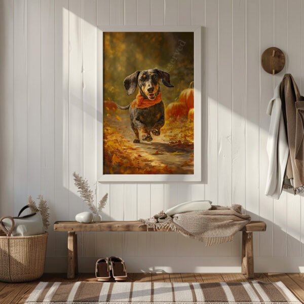 Autumn Dachshund Wall Art featuring a dachshund in an orange scarf on an autumn walk, framed above a wooden bench with natural, minimalist décor.