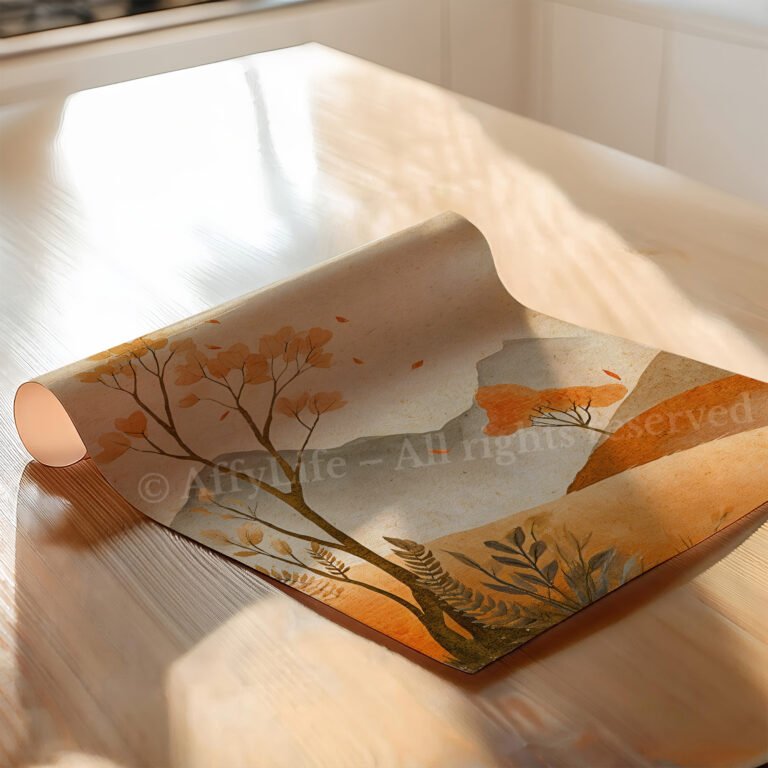 A scroll unrolled on a sunlit wooden table reveals a watercolor free Japandi autumn print of trees, mountains, and warm autumn leaves.A scroll unrolled on a sunlit wooden table reveals a watercolor free Japandi autumn print of trees, mountains, and warm autumn leaves.