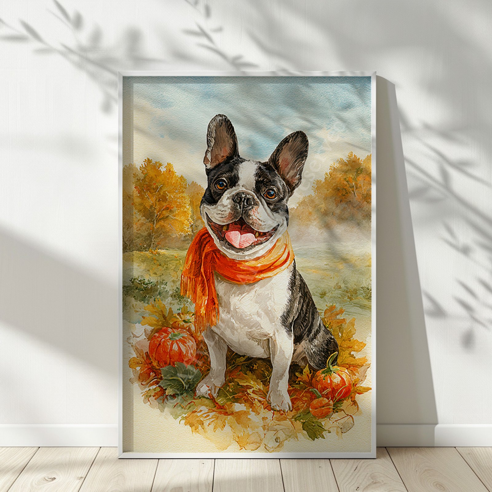 French Bulldog Autumn Wall Art – Cozy Watercolor Dog Print