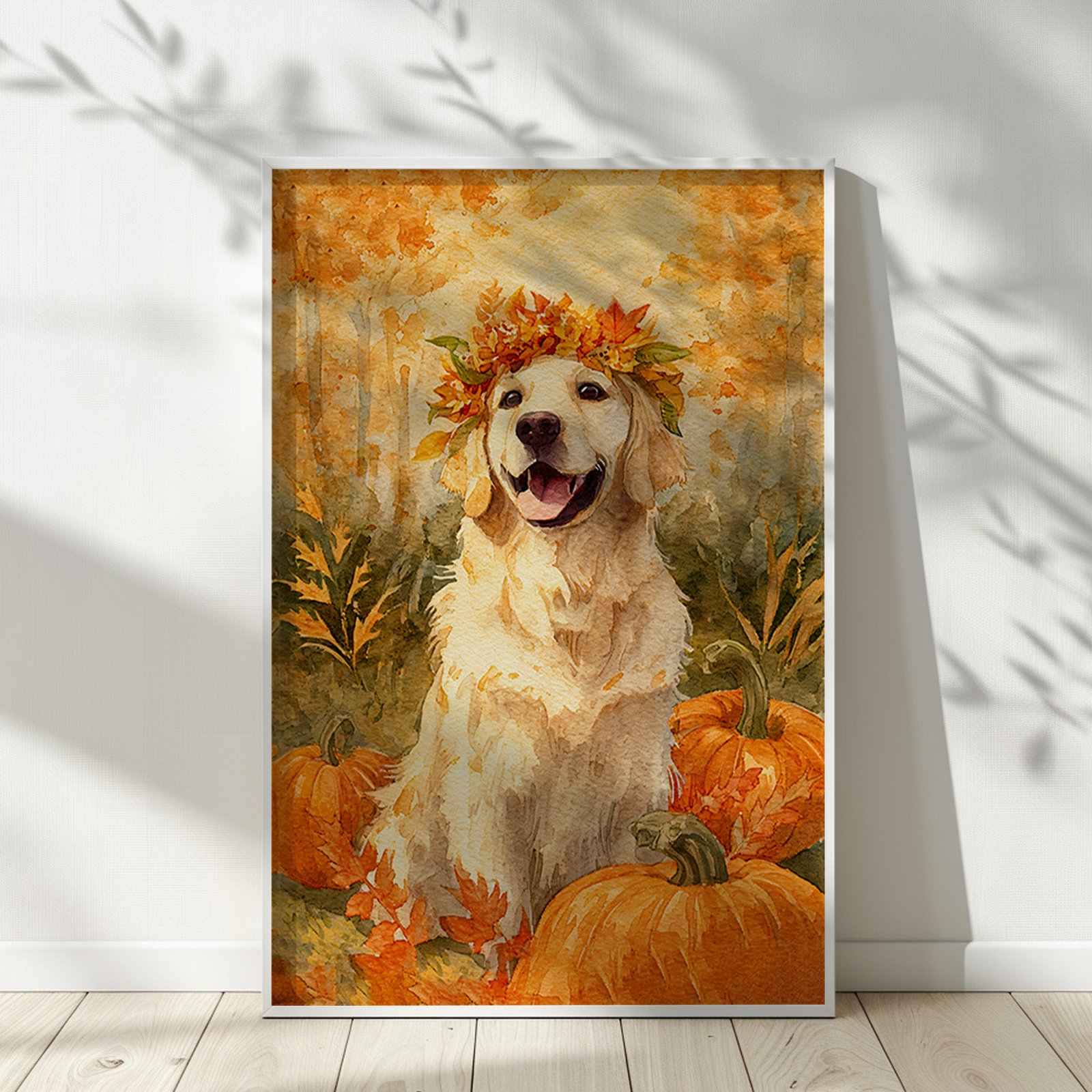 Golden Retriever Fall Watercolor Art – Dog in Pumpkin Patch Printable
