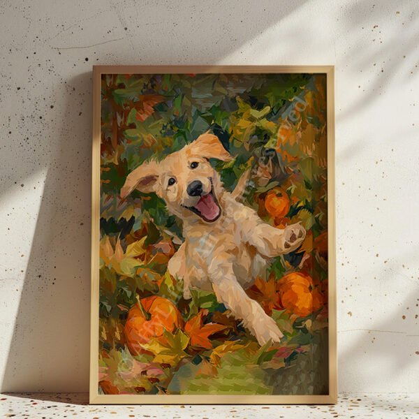 Autumn Puppy Wall Art – Cozy Fall Golden Retriever Print