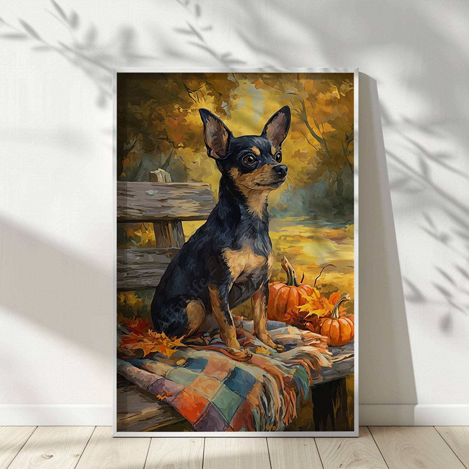 Autumn Chihuahua Wall Art – Cozy Fall Dog Illustration