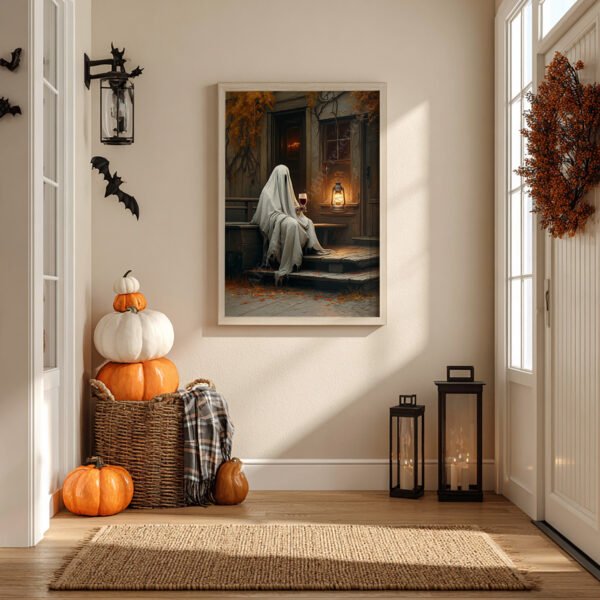 Cozy entryway decorated with stacked pumpkins, a textured rug, lanterns, and a framed Halloween Ghost with Wine Art. Warm light creates a welcoming, festive atmosphere.