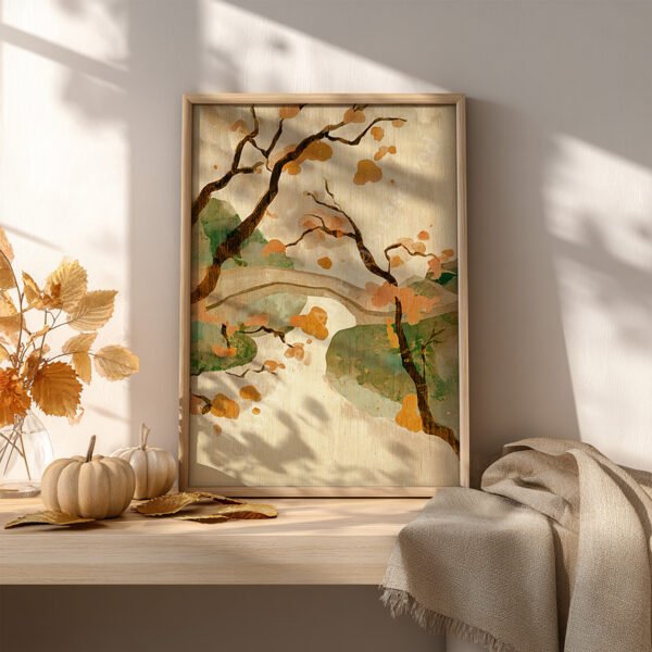 Japandi Autumn Bridge Wall Art resting on a wooden shelf with pumpkins, autumn leaves, and a beige blanket, exuding cozy seasonal vibes.