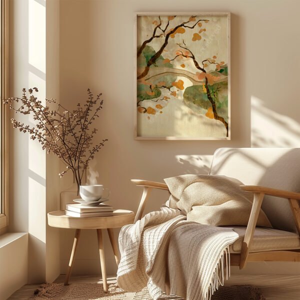Japandi Autumn Bridge Wall Art above a beige armchair draped with a textured blanket, next to a wooden table with a steaming cup, glowing in warm light.