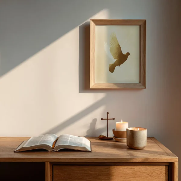 Sunlit table with open book, lit candles, and a small cross. A framed Christian Dove Wall Art hangs above, creating a peaceful devotional space.