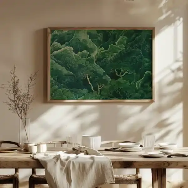 Sunlit dining room with a wooden table set for four. A Sage Green Horizontal Wall Art hangs above, adding a natural, calming accent to the beige wall.
