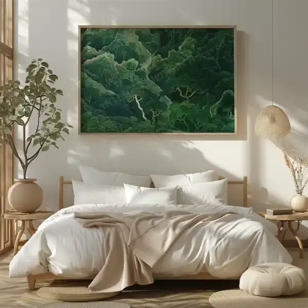 A minimalist bedroom with a large Sage Green Horizontal Wall Art above a wooden bed. White linens, a beige throw, and potted plants complete the sunlit room.