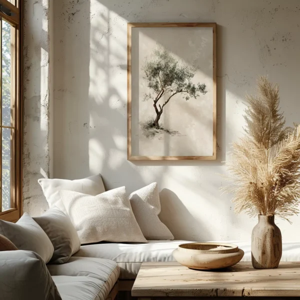 Cozy room with soft light and natural tones, featuring a cushioned bench, wooden table, dried plant, and framed Olive Tree Christian Wall Art.