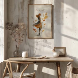 Autumn Girl Wall Art of a woman with fall leaves, framed on a textured wall above a rustic wooden table with ceramic pots and an open book, bathed in soft sunlight.