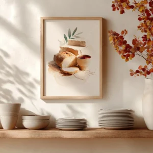Framed Christian Communion Wall Art of bread and wine on a rustic wall. Below, stacked ceramic dishes; a vase with an autumn branch stands nearby.