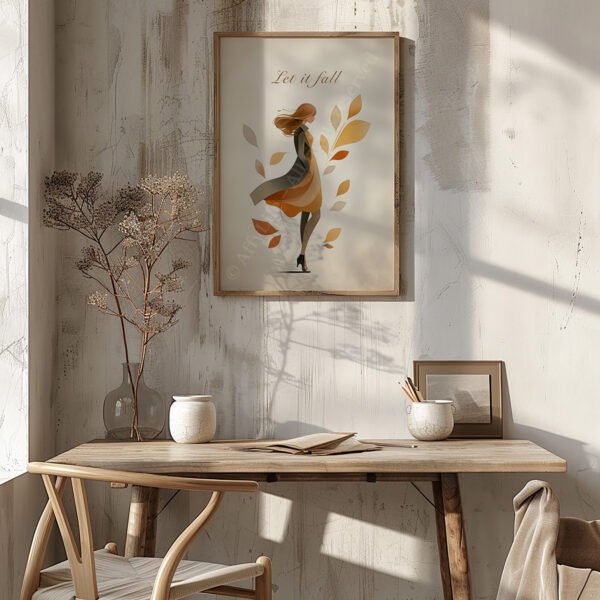 Autumn Girl Wall Art of a woman with fall leaves, framed on a textured wall above a rustic wooden table with ceramic pots and an open book, bathed in soft sunlight.