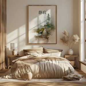 Minimalist workspace with a wooden desk, ceramics, and an open book. A framed Japandi Forest Bridge Wall Art painting hangs on the wall, radiating tranquility.