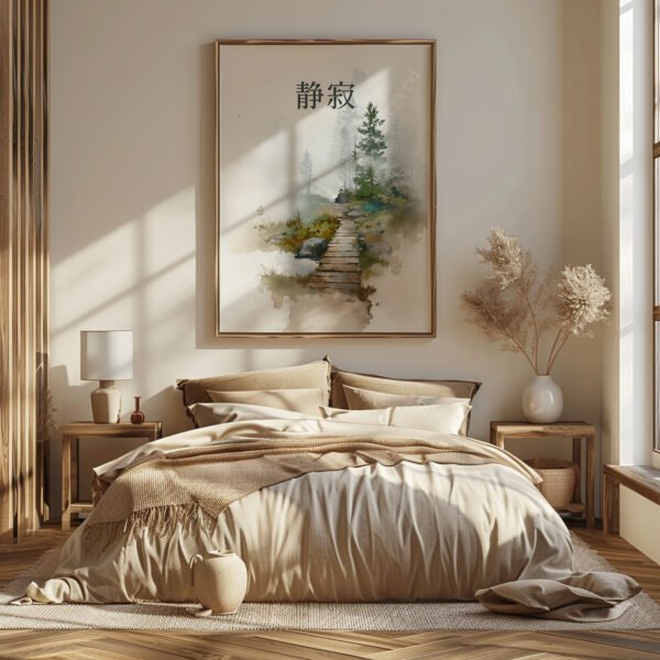 Minimalist workspace with a wooden desk, ceramics, and an open book. A framed Japandi Forest Bridge Wall Art painting hangs on the wall, radiating tranquility.