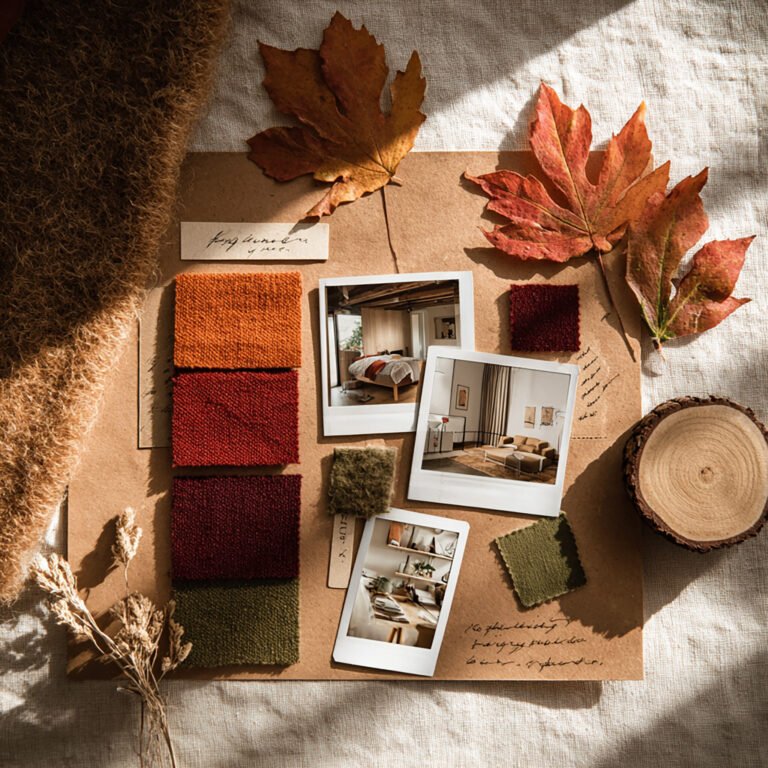 Handmade fall moodboard ideas flatlay featuring burnt orange, burgundy, and olive swatches, wool samples, dried maple leaves, wood slices, and Polaroid photos of cozy rooms. Displayed on kraft paper with washi tape and handwritten notes in soft natural light.