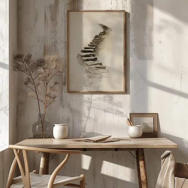 Wooden desk, chair, dry branches in a vase, and ceramics in a minimalist room. A Spiritual Staircase Wall Art hangs on a textured wall in sunlight.