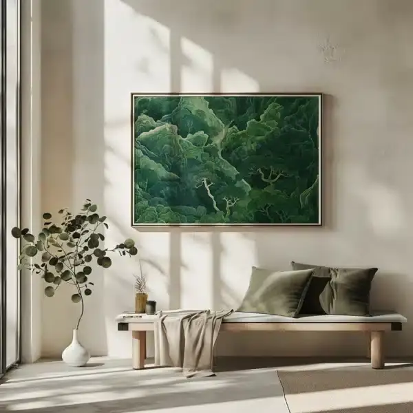 A minimalist room with a large Sage Green Horizontal Wall Art, a wooden bench with green cushions and beige throw below, and a white vase with a plant.