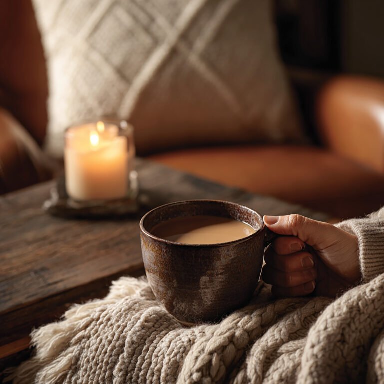 Cozy fall moodboard ideas lifestyle photo showing a hand holding a ceramic mug with a thick blanket, glowing candlelight in the background, a glossy leather wingback chair, rustic coffee table, and soft knitted pillow in golden hour light.