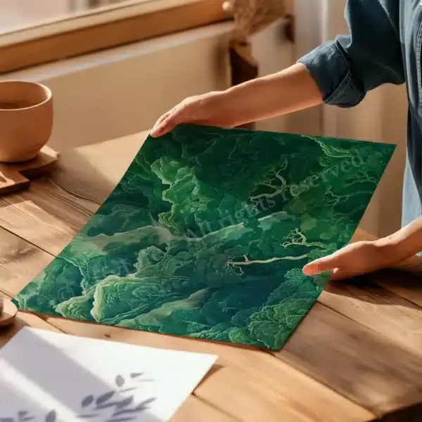 A person holds a vibrant Sage Green Horizontal Wall Art print showing a textured, lush green forest. The scene feels peaceful and richly detailed.