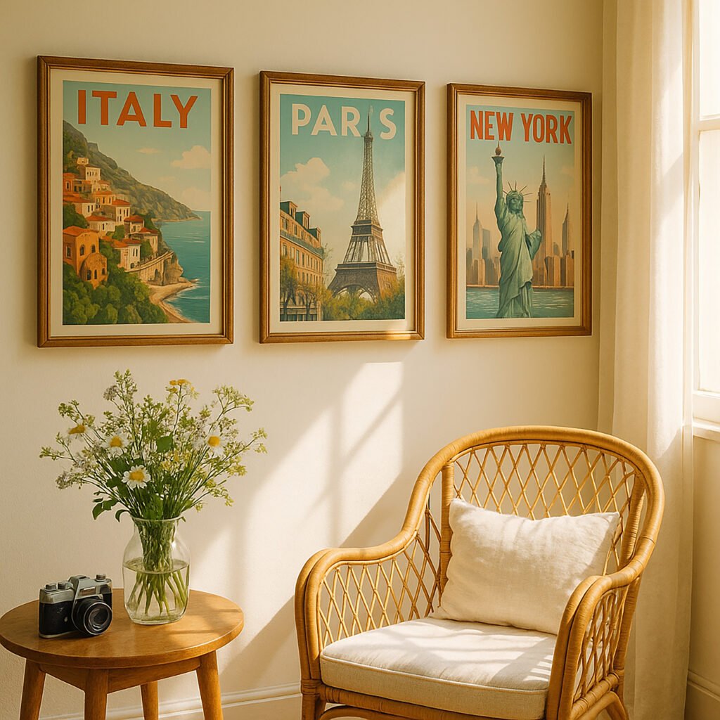 Bright room with pastel vintage travel posters, natural light, and warm decor—perfect for poster gift ideas by personality for the nostalgic yet playful soul.