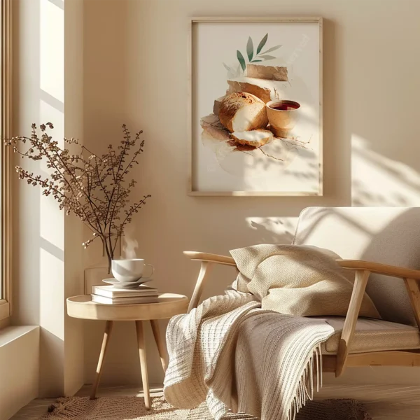 Sunlit corner with a beige armchair and throw blanket. A small round table holds a steaming cup and books. Above hangs a Christian Communion Wall Art depicting bread.