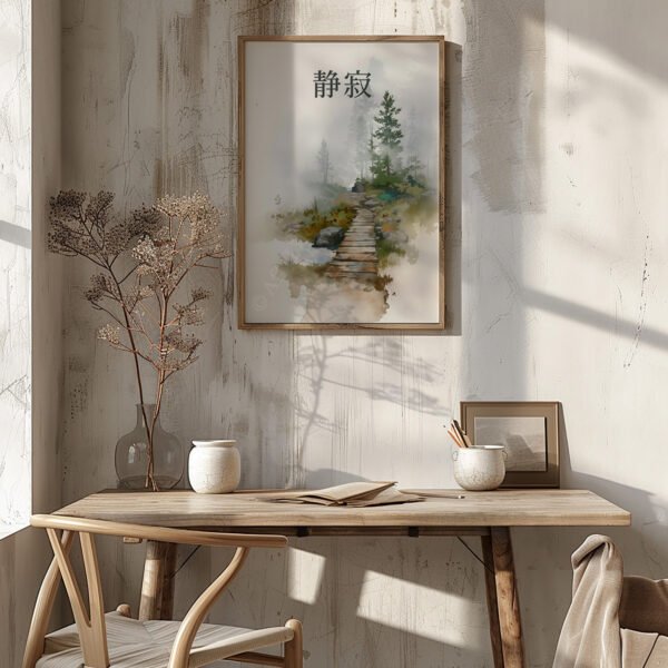 Framed Japandi Forest Bridge Wall Art showing a wooden path through misty woods on a textured wall. Soft natural light enhances its serene tone.