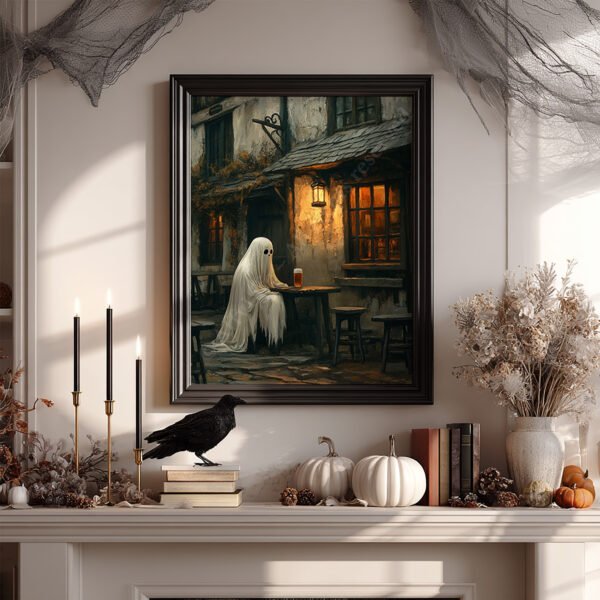 Framed Halloween Ghost Art of a ghost in a tavern, displayed on a mantel with black candles, pumpkins, dried flowers, and a crow.