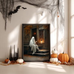 Framed Halloween Ghost with Wine Art depicts a ghost drinking wine on a lantern-lit porch, surrounded by black candles, pumpkins, and bats.