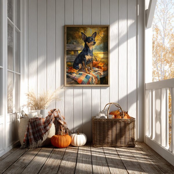 Cozy porch with pumpkins, baskets, and autumn decor. A framed artwork of a Chihuahua sitting on a bench with colorful blankets hangs on the wall.