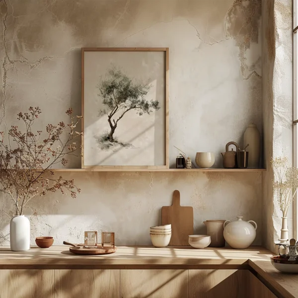 A serene kitchen with neutral tones, wooden shelves, pottery, and dried plants. A framed Olive Tree Christian Wall Art hangs on the textured wall in sunlight.