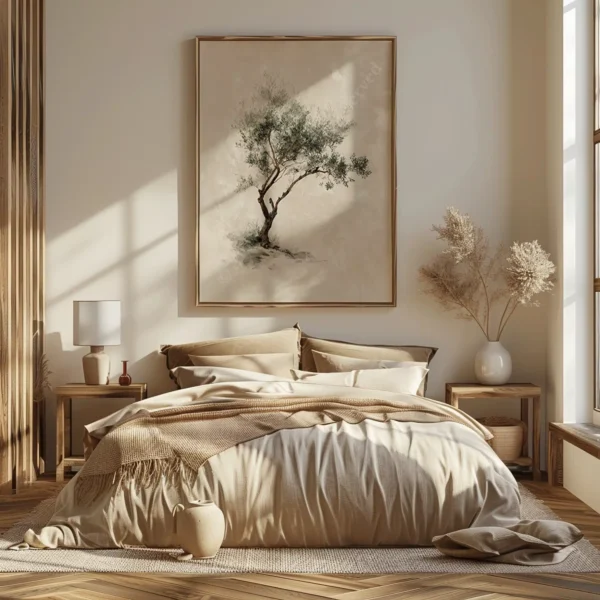 A serene bedroom in neutral tones with a plush bed and a large Olive Tree Christian Wall Art above. Dried plants and soft lighting complete the scene.