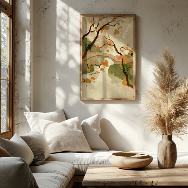 Japandi Autumn Bridge Wall Art framed above a cushioned bench with pampas grass, sunlight streaming through the window, creating a warm and serene nook.