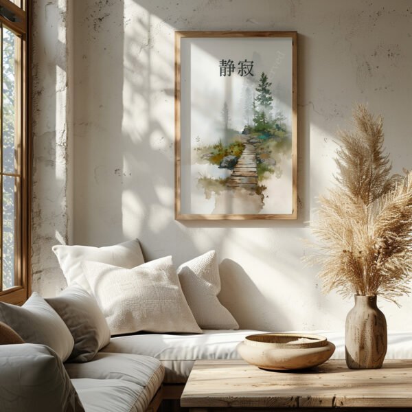 Sunlit corner with a wooden bench, plush pillows, and soft shadows. A framed Japandi Forest Bridge Wall Art piece of a forest path adds warmth and calm.