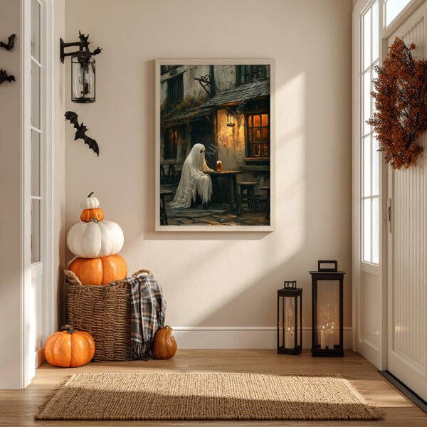 Hallway decorated with pumpkins and lanterns, featuring framed Halloween Ghost Art of a ghost at a rustic table outside a tavern.