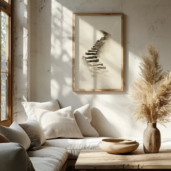 Beige sofa with white pillows and a rustic table in a sunlit room. A painting of stone steps and dried pampas grass complete the scene.