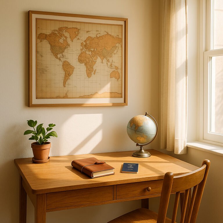 Bright interior with a world map poster, wooden desk, travel journal, and soft sunlight—perfect for poster gift ideas by personality for adventurous souls.