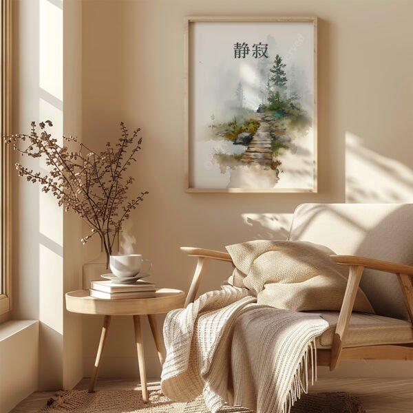 Cozy room with a wooden chair draped in beige blankets, small table with books and a cup. Japandi Forest Bridge Wall Art on the wall completes the calm ambiance.