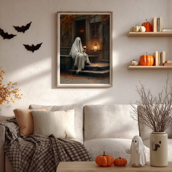 A framed Halloween Ghost with Wine Art in a living room shows a ghostly figure with a lantern and wine on porch steps. Halloween decor includes pumpkins and bats.