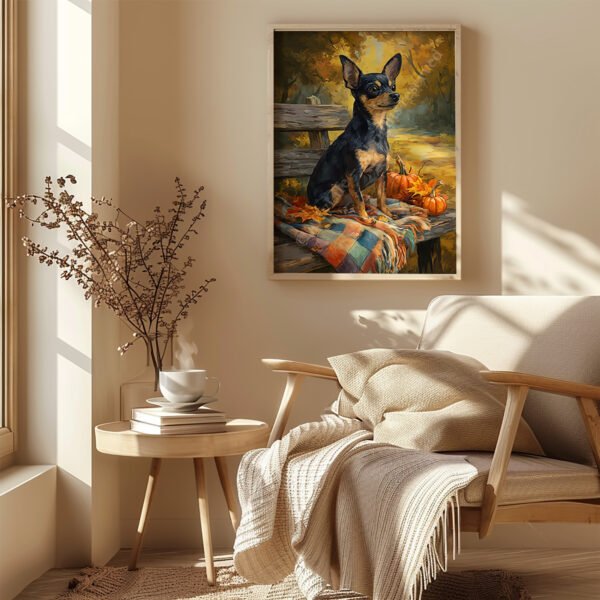 Framed painting of a Chihuahua sitting on a bench with pumpkins and autumn leaves, hanging on a sunlit wall above a chair draped in a beige blanket.