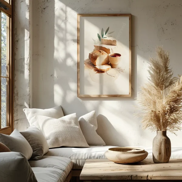 Sunlit bench with soft pillows and rustic decor. Framed Christian Communion Wall Art of bread and olives hangs on a textured wall.