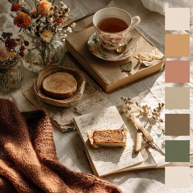 Cottagecore-inspired fall moodboard ideas flatlay with vintage tea set, handwritten notes, pressed leaves, dried wildflowers in jars, warm pie slice on linen napkin, and cozy wool textures. Muted autumn palette of dusty rose, moss green, and soft orange.
