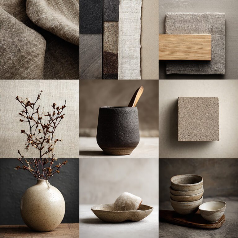Japandi-inspired fall moodboard ideas with earthy beige, clay, taupe, and charcoal tones. Flatlay composition featuring linen, wood, and ceramic textures. Balanced, serene aesthetic with soft daylight and minimalist elegance.