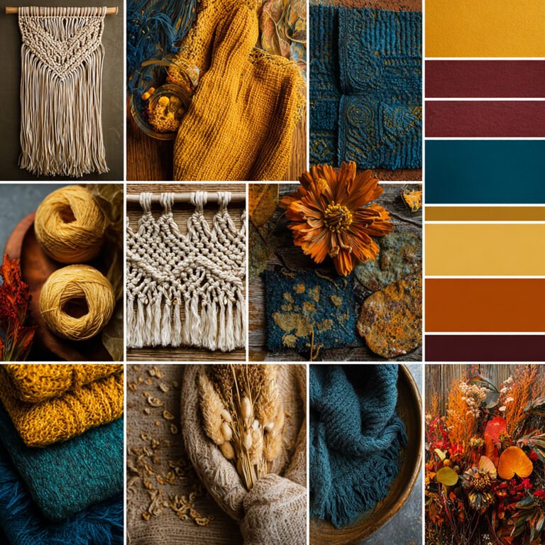 A boho-style fall moodboard ideas collage with vibrant autumn swatches in mustard yellow, terracotta, plum, and teal. Features eclectic textures: macramé, fringe, patterned textiles, cozy knits, and dried flowers. Playful flatlay arrangement with overlapping layers.