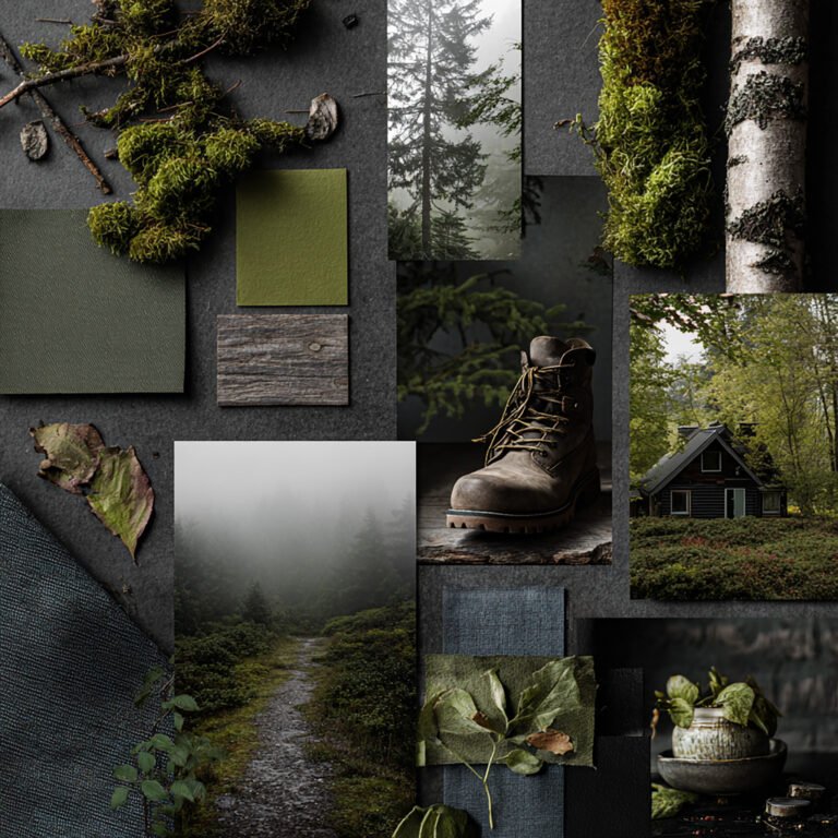 Outdoor-inspired fall moodboard ideas featuring foggy forest hikes, cozy cabins, moss and bark textures, boots on trails, and a grounded color palette of forest green and slate grey. Dreamy flatlay composition with contemplative atmosphere.