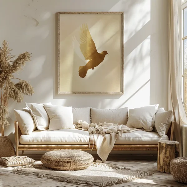 Bright living room with beige sofa, rustic cushions, and a woven rug. A large Christian Dove Wall Art hangs above, adding serenity to the airy space.